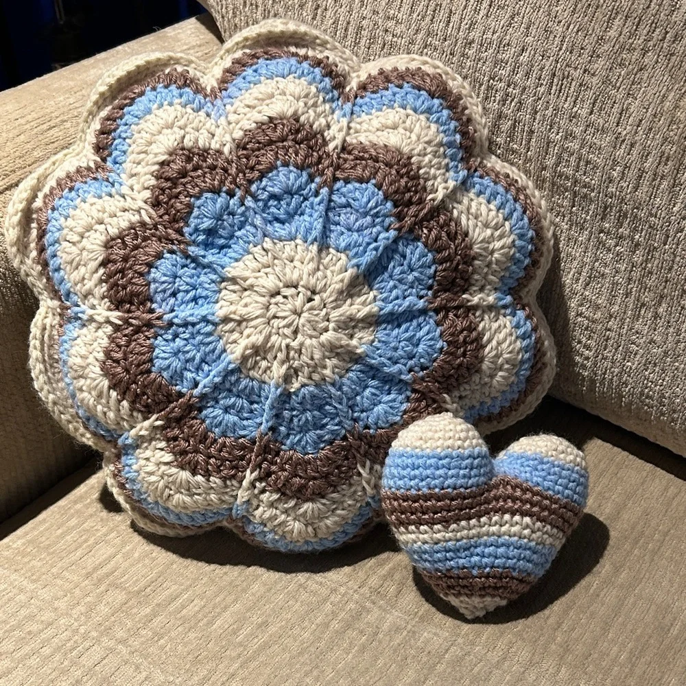 Crochet Flower Pillow and Heart Set